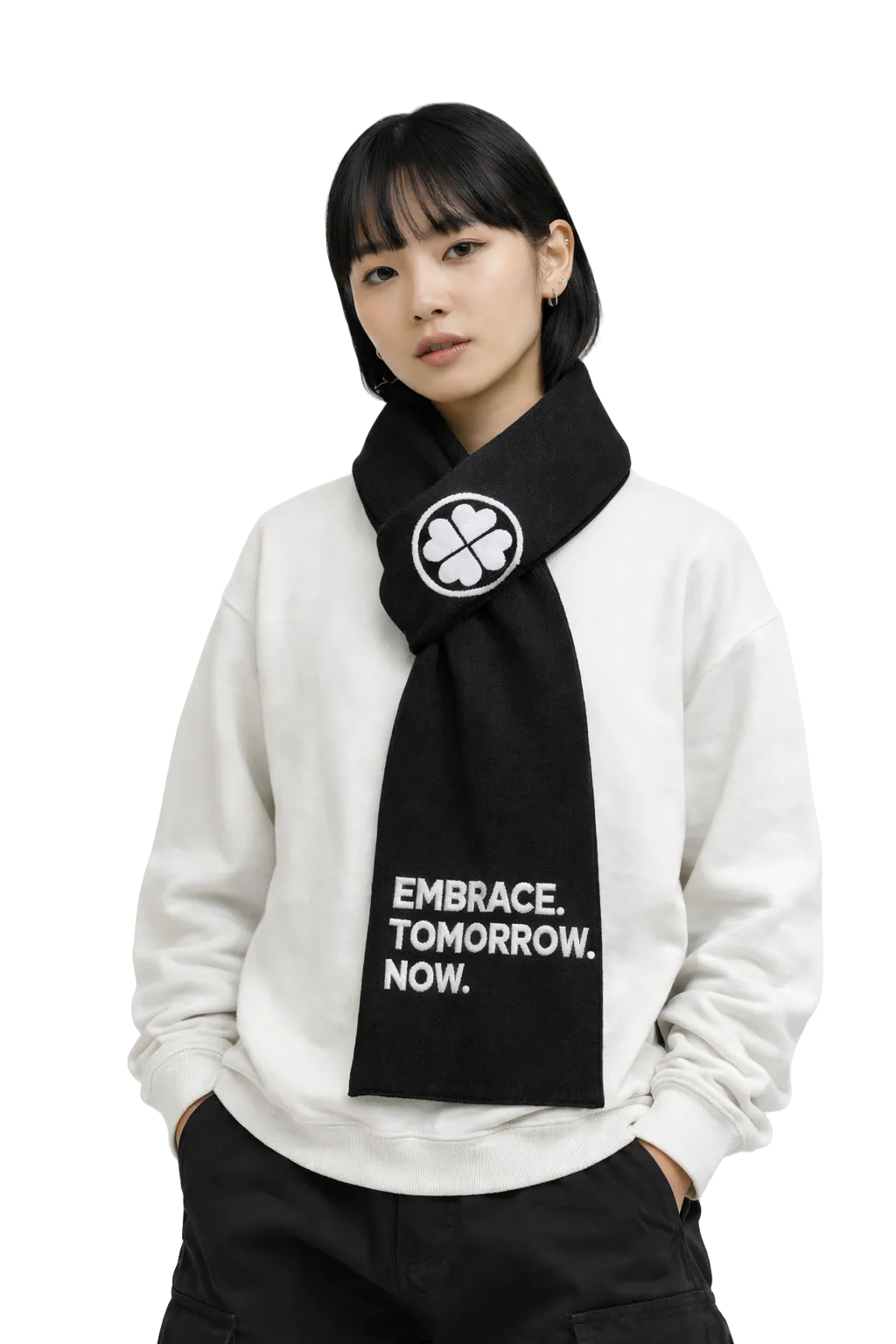 Lovetrigger AARON scarf black white graphic knit on japanese woman model