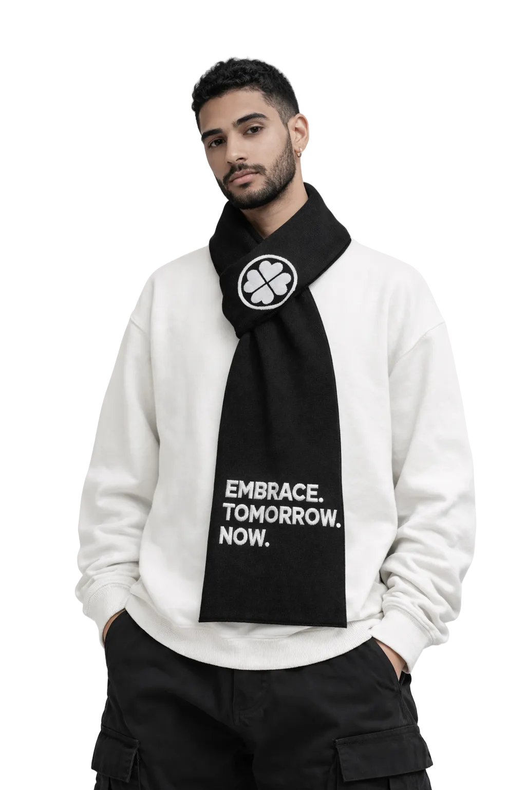 Lovetrigger AARON scarf black white graphic knit on arabic man model