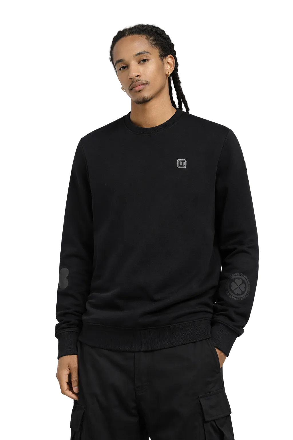 Model wearing Lovetrigger SVERRE black sweater editorial street style