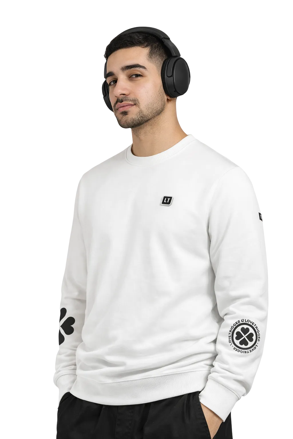 Model arabic man wearing Lovetrigger SVERRE white sweater clean street style