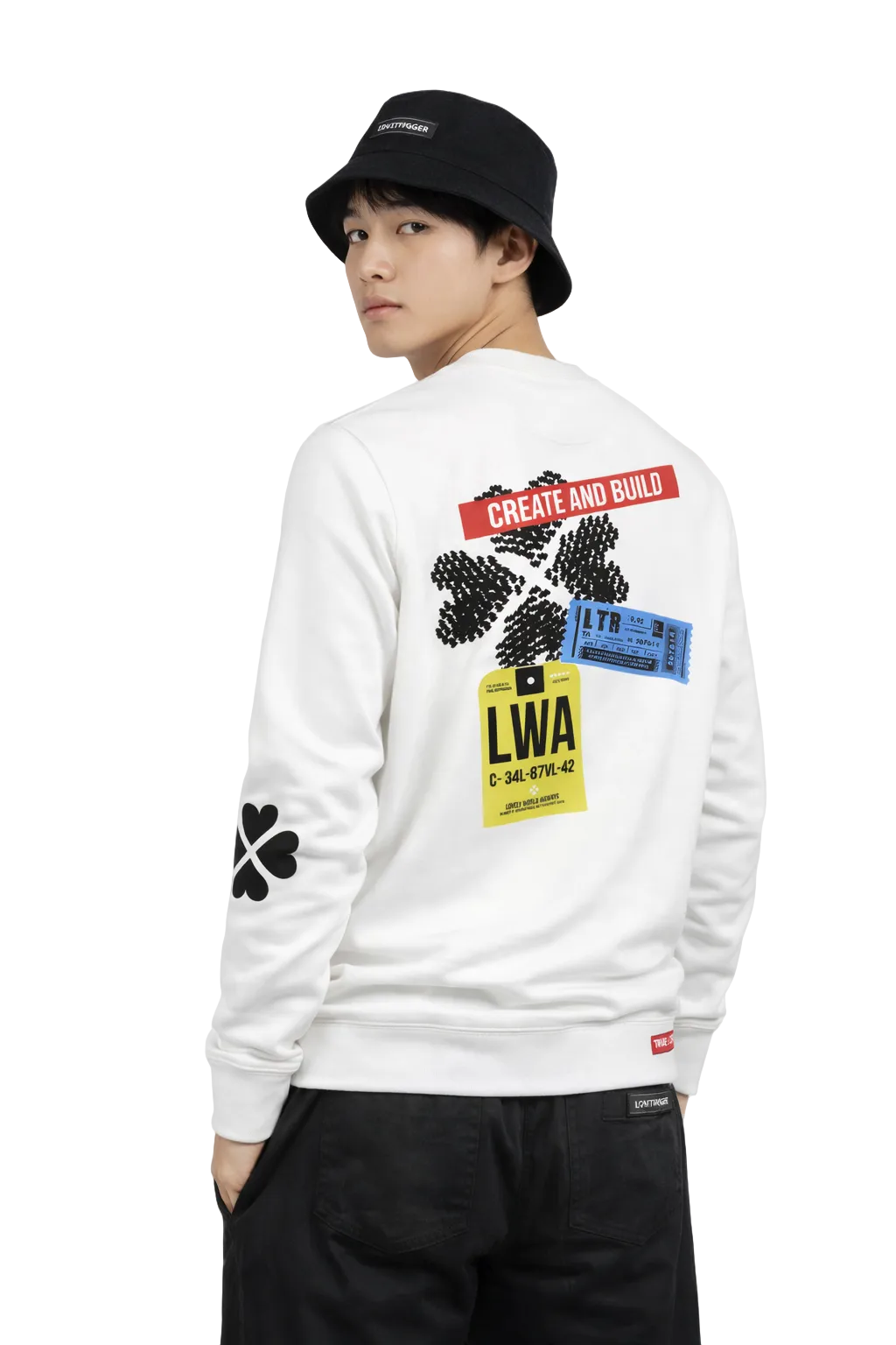 Model japanese man wearing Lovetrigger SVERRE white sweater clean street style