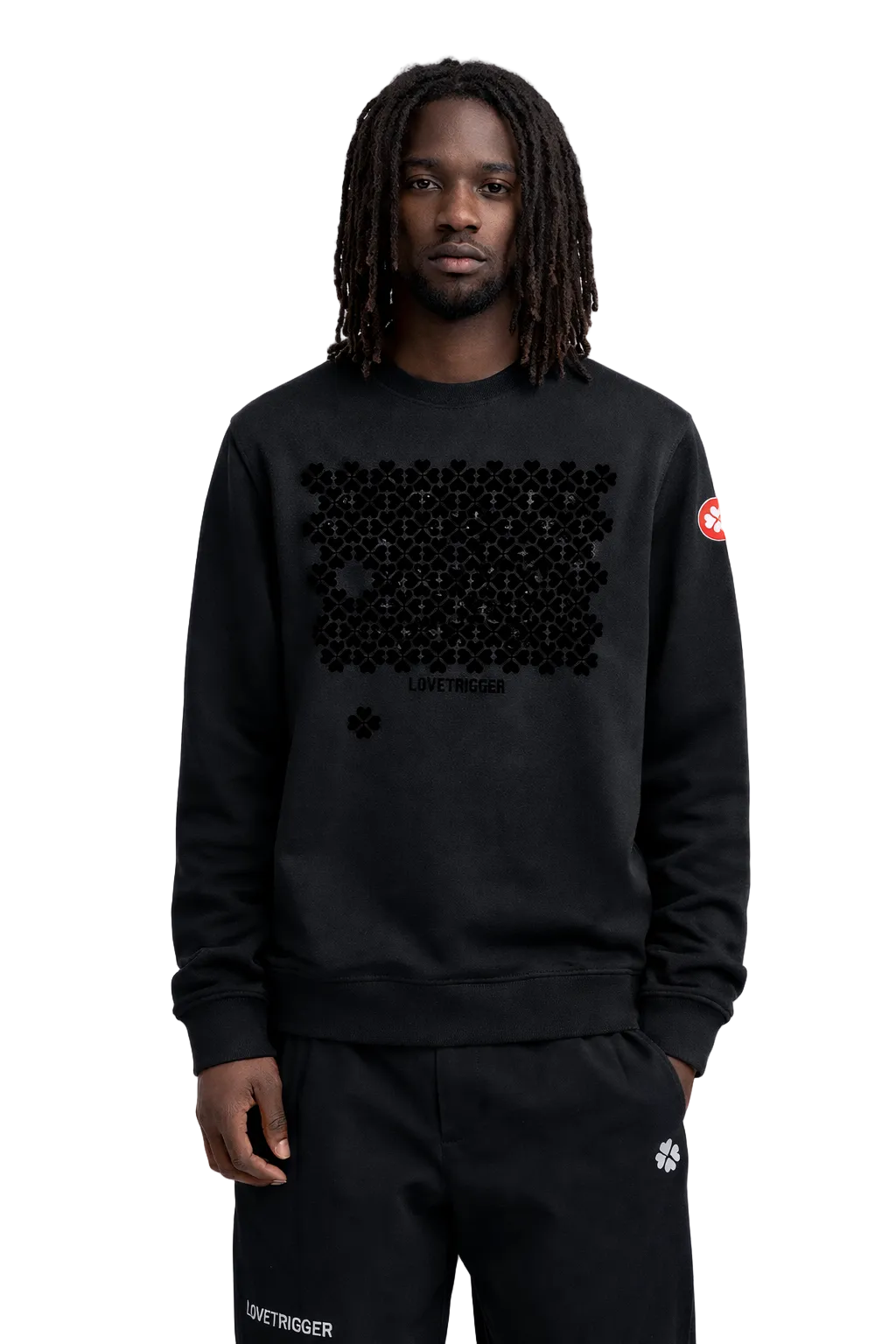 Model african man wearing Lovetrigger SAMM black sweater editorial fashion style