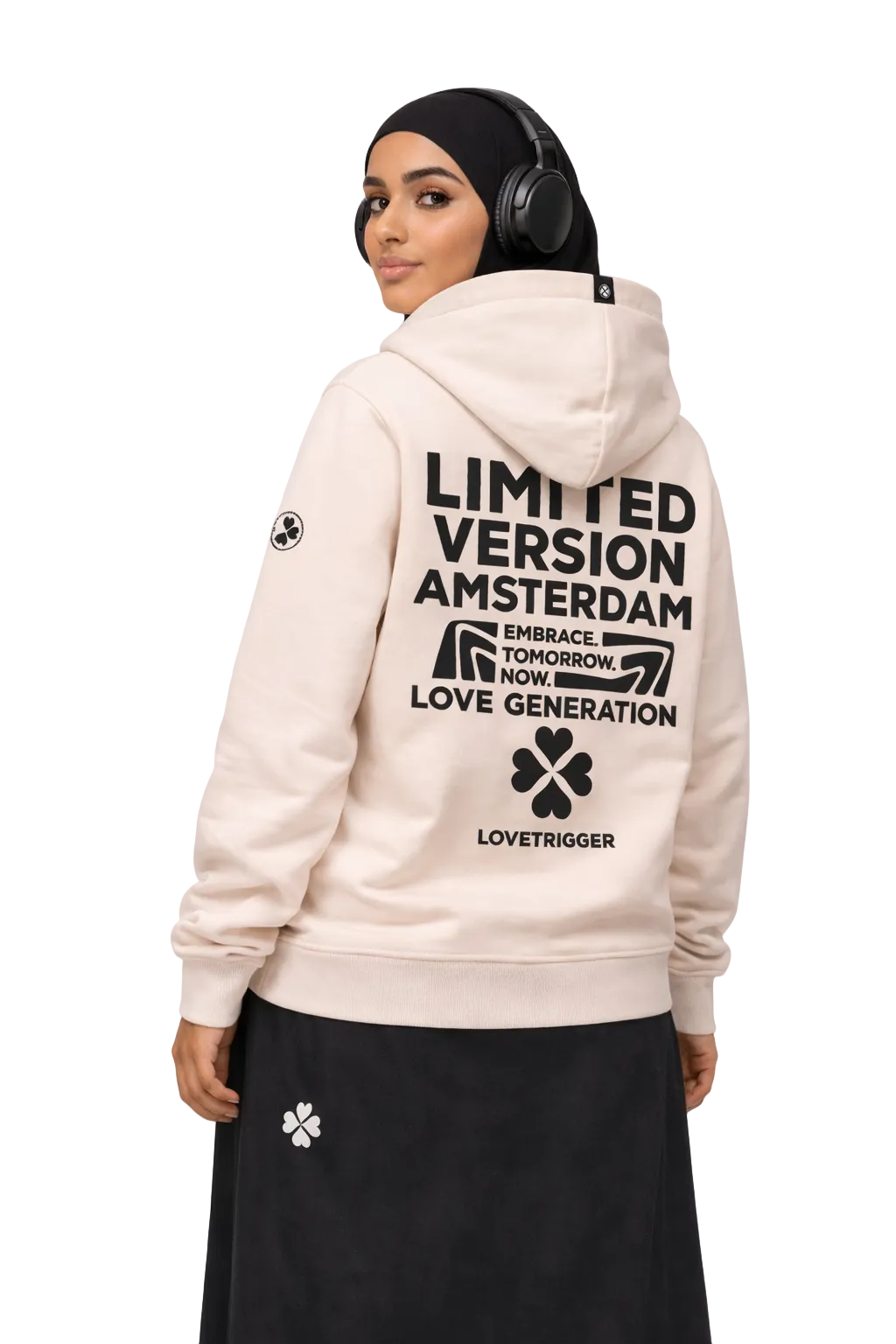 Model wearing Lovetrigger HERO off white hoody street couture look