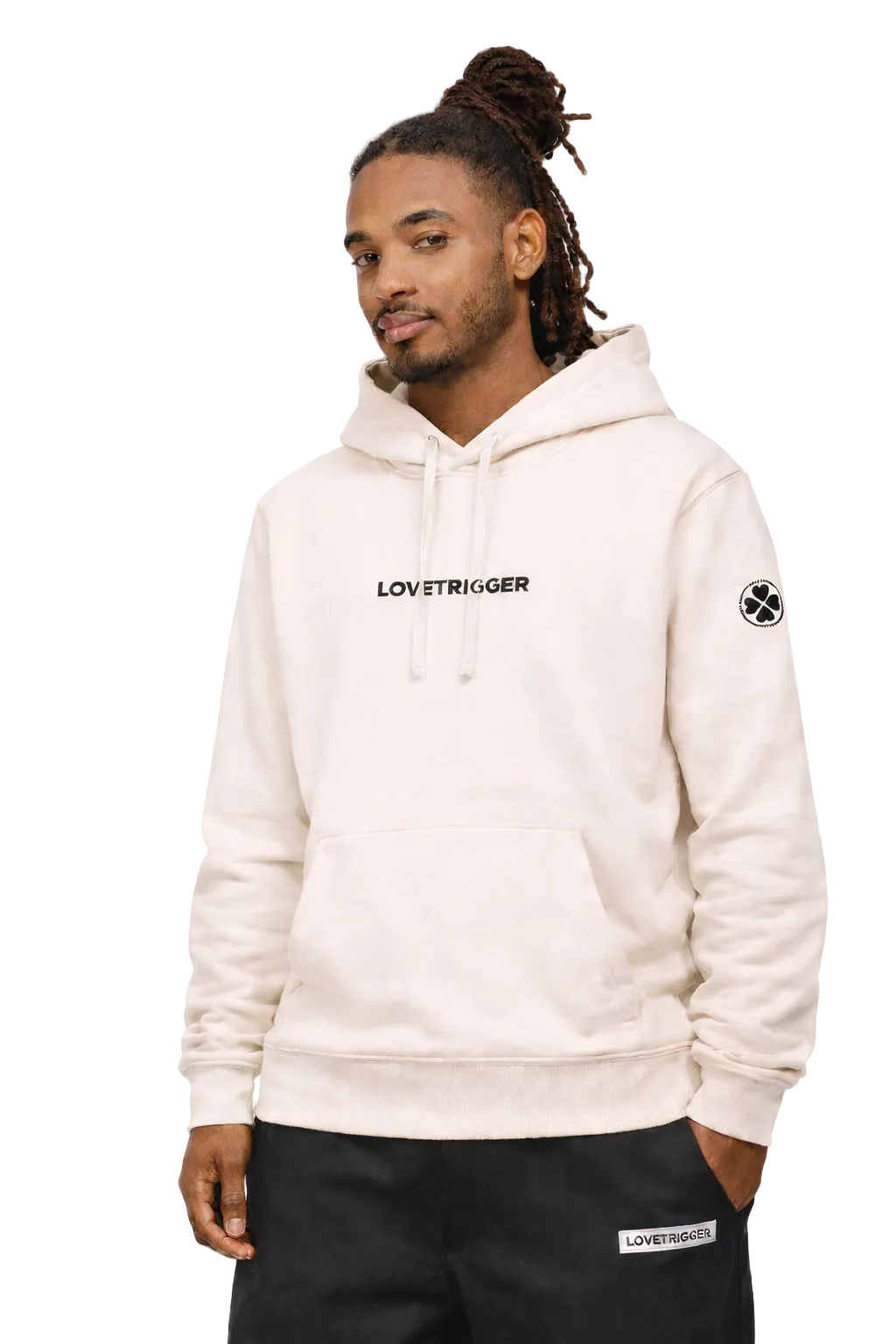 Model wearing Lovetrigger HERO off white hoody street couture look