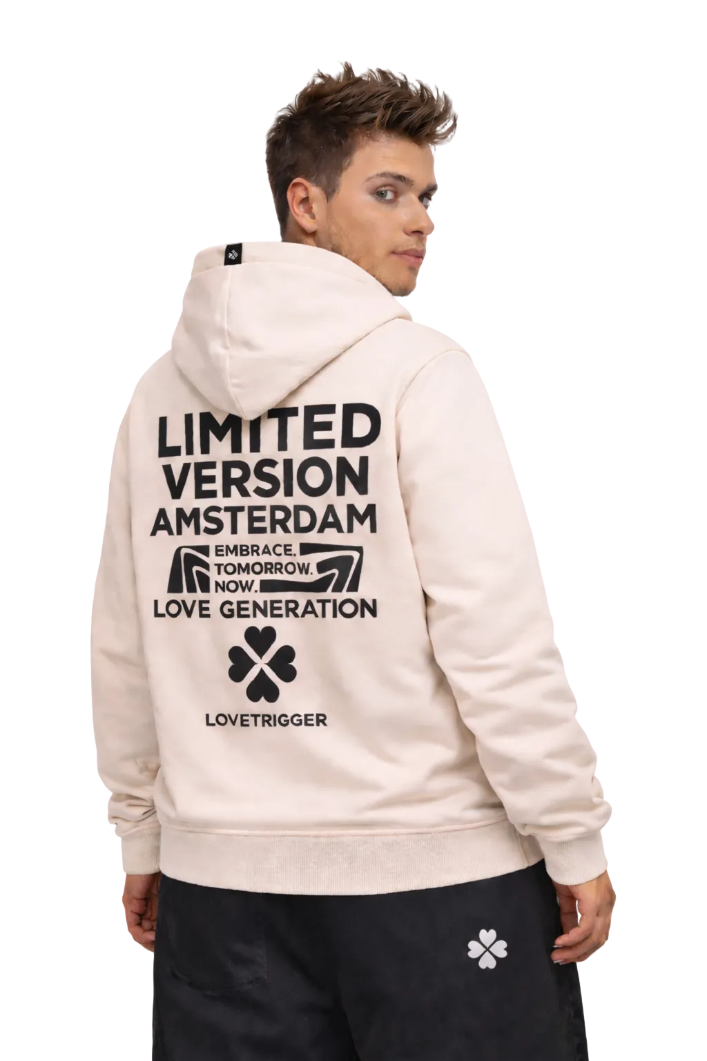 Model wearing Lovetrigger HERO off white hoody street couture look