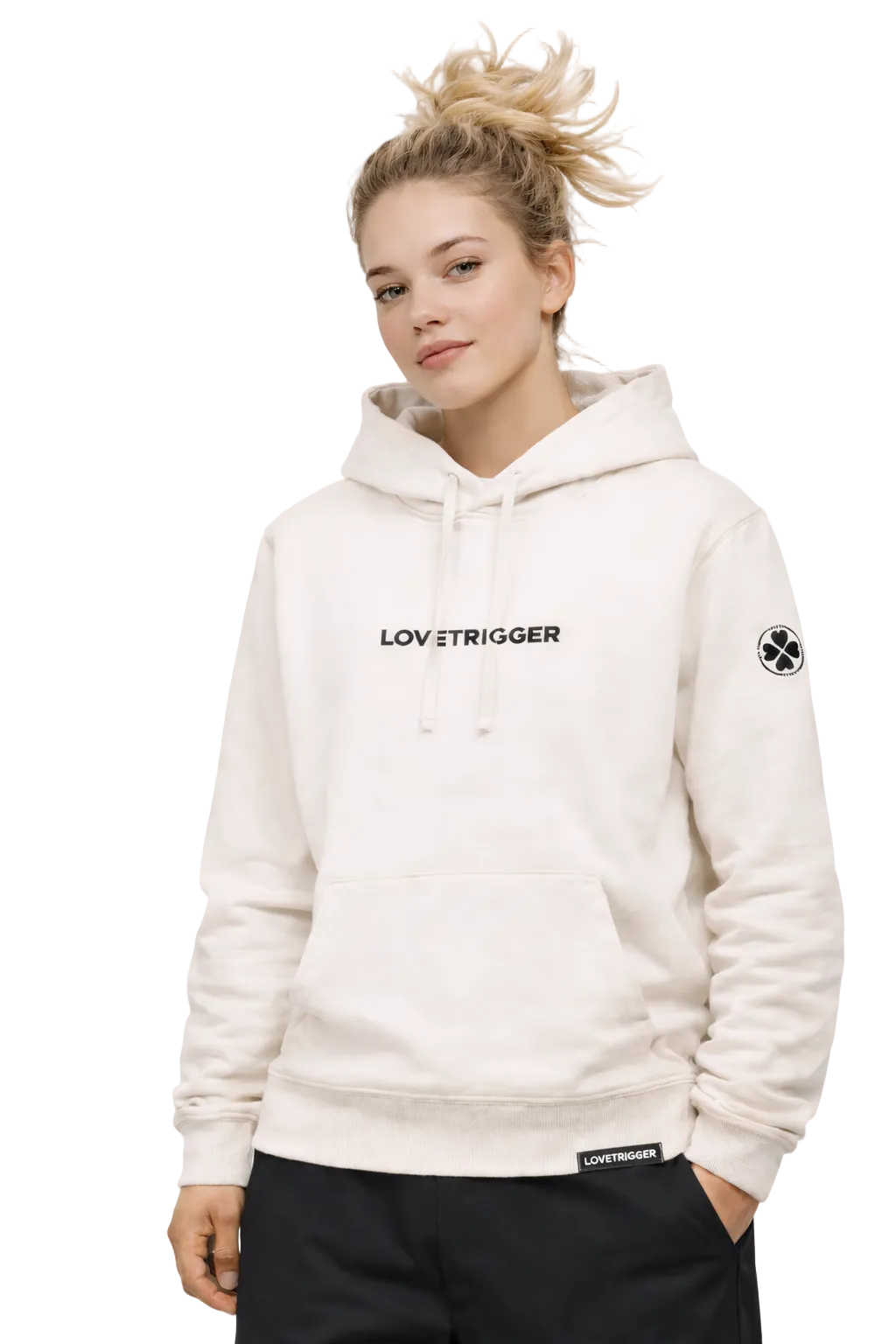 Model wearing Lovetrigger HERO off white hoody street couture look